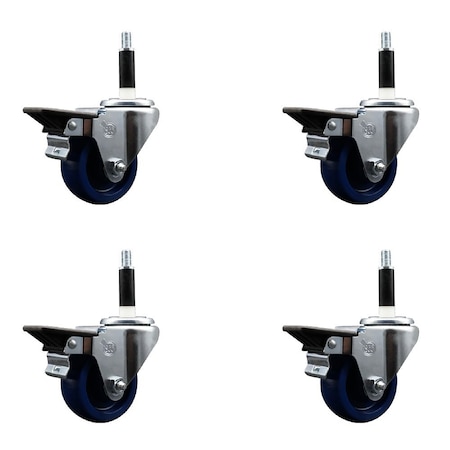 Service Caster 3'' Solid Poly Swivel 7/8'' Expanding Stem Caster Set with Brake, 4PK SCC-EX20S314-SPUS-PLB-78-4